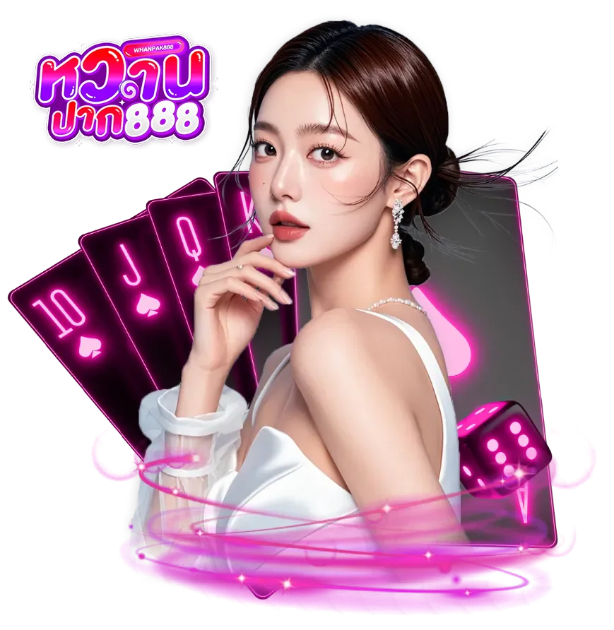 ภาพกราฟิกโปรโมทเว็บ whanpak888 คาสิโนออนไลน์ แสดงหญิงสาวพร้อมไพ่โป๊กเกอร์และชิปคาสิโน โทนสีม่วงสไตล์คาสิโน สื่อถึงเกมสล็อต บาคาร่า และคาสิโนสดบนเว็บ whanpak888