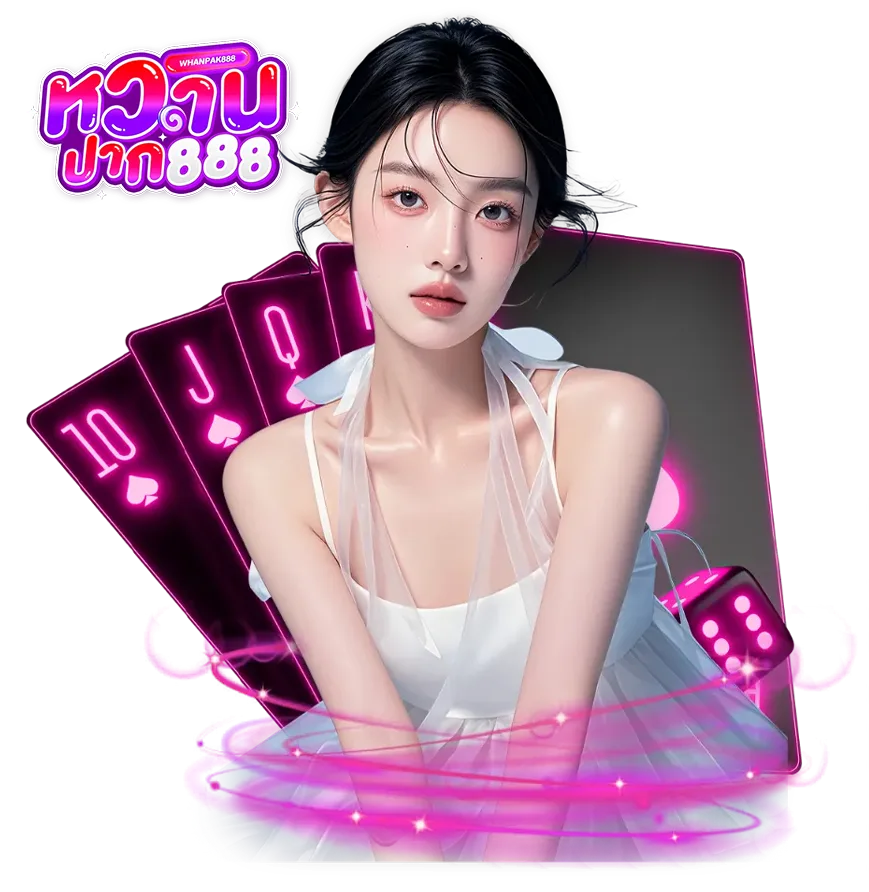 ภาพกราฟิกโปรโมทเว็บ whanpak888 คาสิโนออนไลน์ แสดงหญิงสาวพร้อมไพ่โป๊กเกอร์และชิปคาสิโน โทนสีม่วงสไตล์คาสิโน สื่อถึงเกมสล็อต บาคาร่า และคาสิโนสดบนเว็บ whanpak888