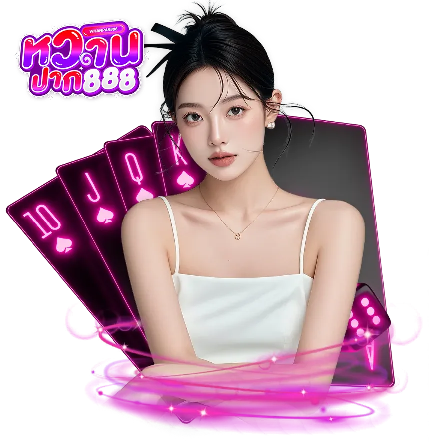 ภาพกราฟิกโปรโมทเว็บ whanpak888 คาสิโนออนไลน์ แสดงหญิงสาวพร้อมไพ่โป๊กเกอร์และชิปคาสิโน โทนสีม่วงสไตล์คาสิโน สื่อถึงเกมสล็อต บาคาร่า และคาสิโนสดบนเว็บ whanpak888